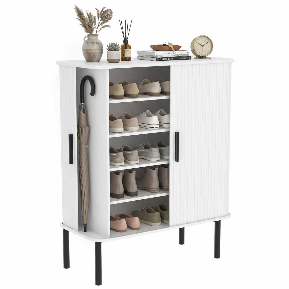 Shoe Cabinet Adjustable Shelves Side Cubbies Tambour Door, White