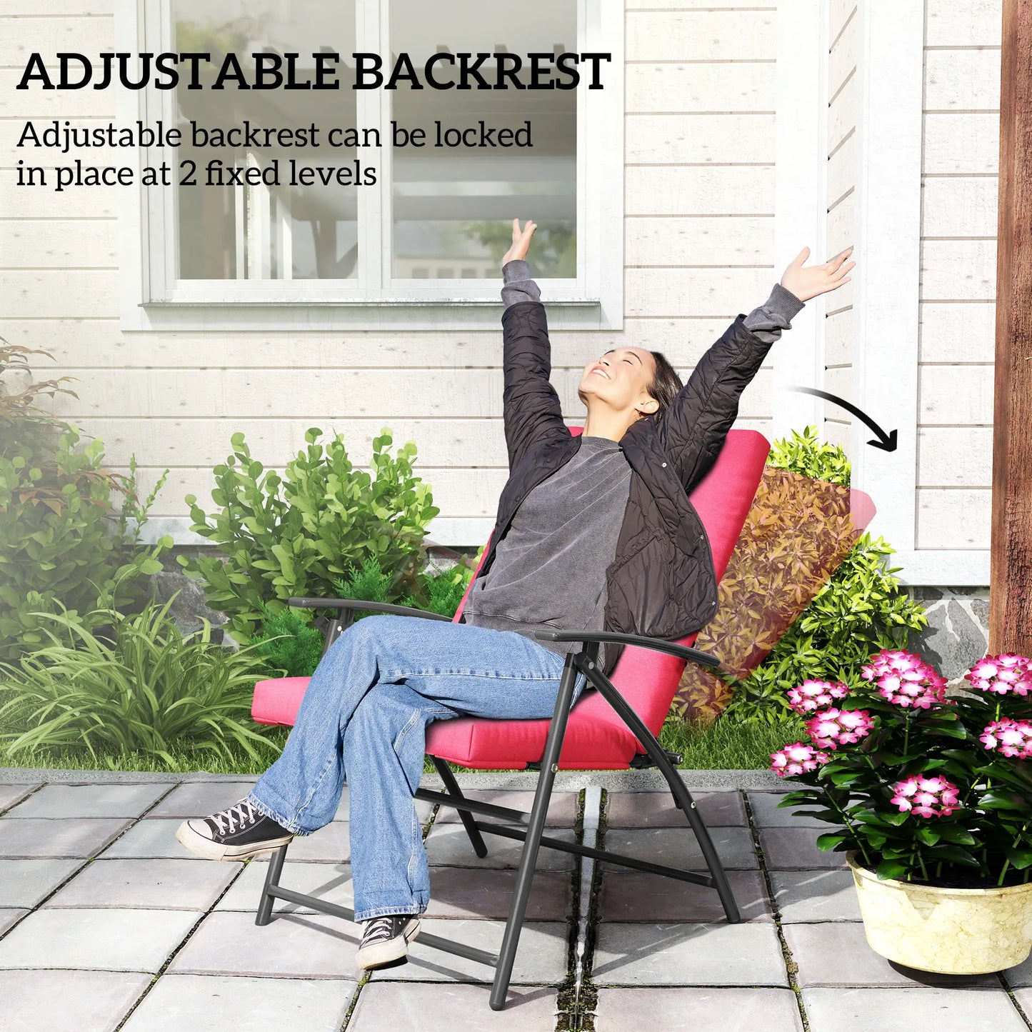 Foldable Lounge Chair, Fabric Recliner, Outdoor Lounger with Armrest, Metal Frame, Red Patio Chairs at Gallery Canada