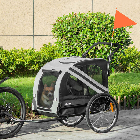 Dog Bike Trailer, 2-in-1 Dog Wagon Pet Stroller for Travel with Universal Wheel Reflectors Flag, for Small and Medium Dogs, Grey - Gallery Canada