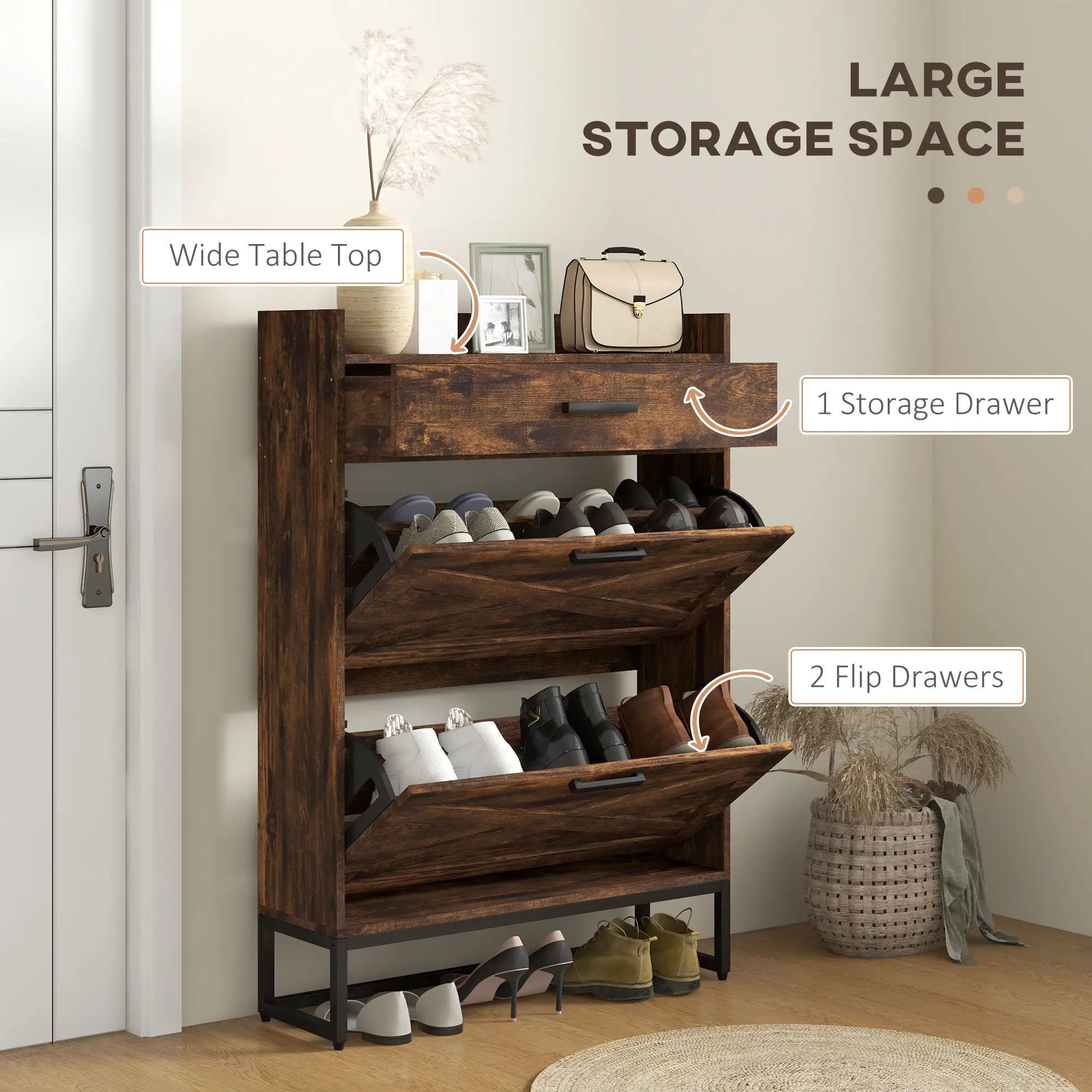 Slim Shoe Storage, 2 Flip Drawers, Adjustable Shelves, 12 Pair, Rustic Brown Shoe Storage Cabinets & Racks at Gallery Canada