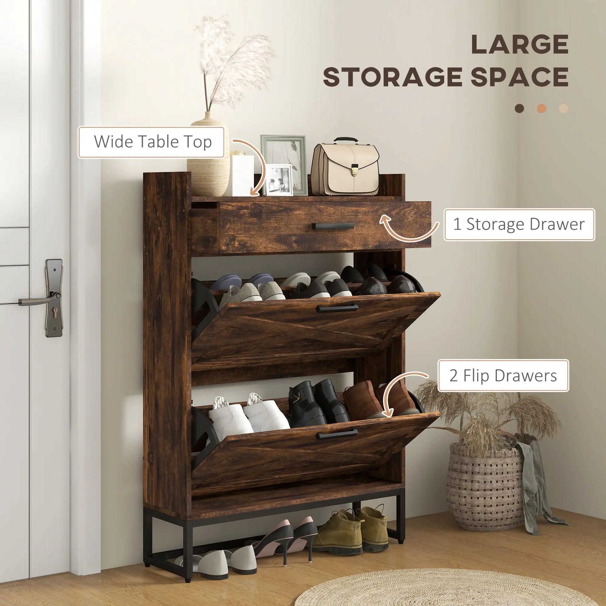 Slim Shoe Storage, 2 Flip Drawers, Adjustable Shelves, 12 Pair, Rustic Brown Shoe Storage Cabinets & Racks at Gallery Canada