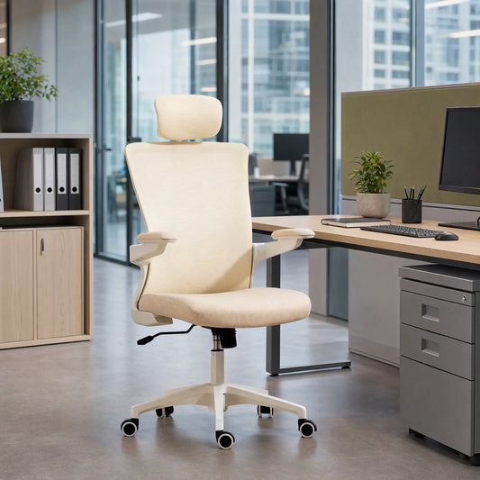 Ergonomic Office Chair, Swivel Desk Chair, Adjustable Lumbar Support, Headrest, Height, Flip-Up Armrests, Beige Task Chairs Beige, White at Gallery Canada
