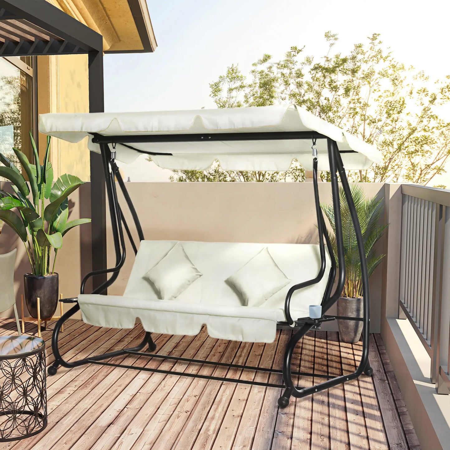 3 Seater Patio Swing Chair, Convertible Cushioned Bed, Outdoor Porch with Canopy Patio Swings with Stand at Gallery Canada