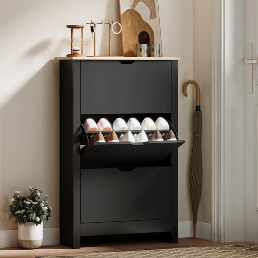 Shoe Storage Cabinet, 3 Flip Drawers, Adjustable Shelves, Black Shoe Storage Cabinets & Racks Black, Natural Wood at Gallery Canada