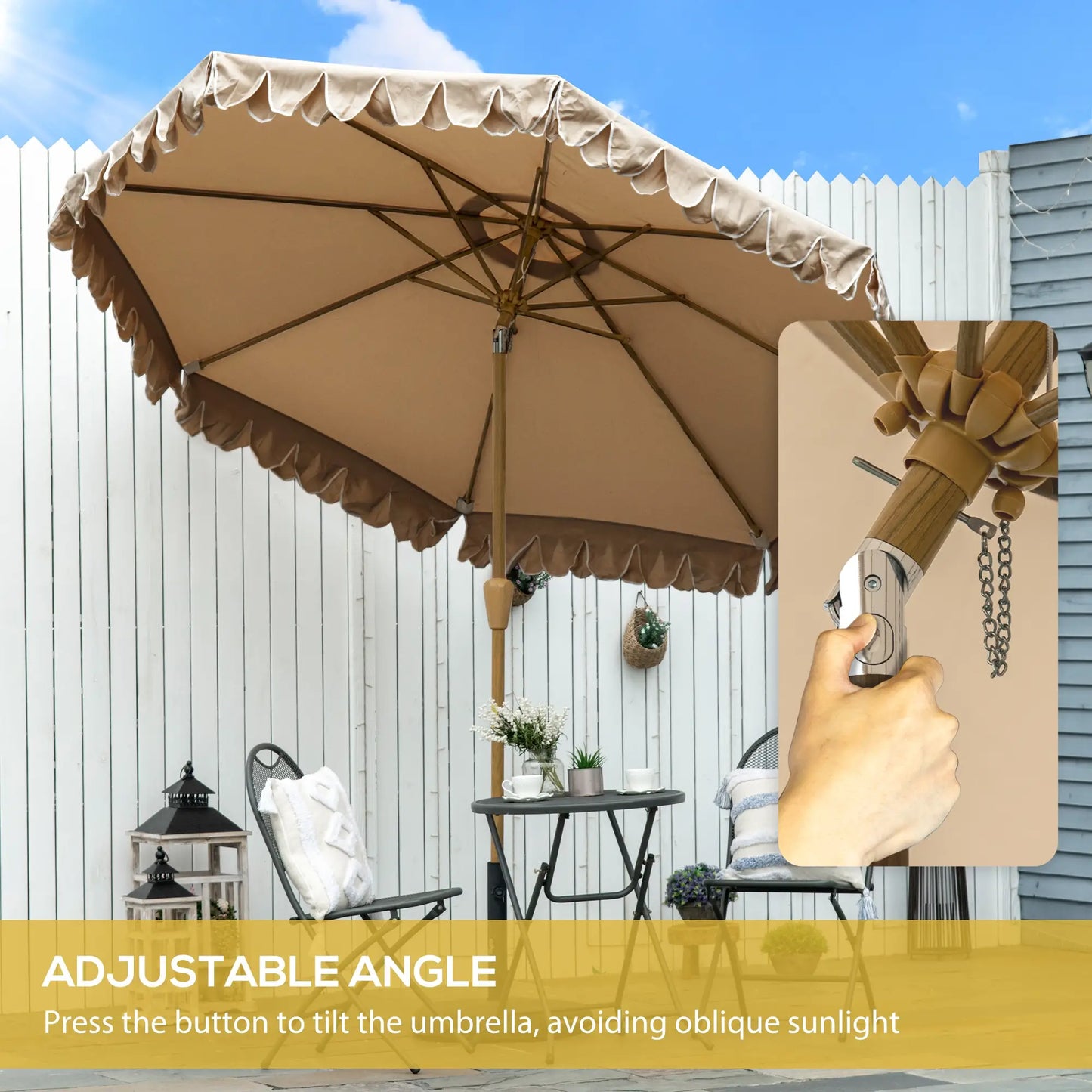 9 ft Outdoor Patio Umbrella, Push Button Tilt Crank, Khaki Patio Umbrellas at Gallery Canada