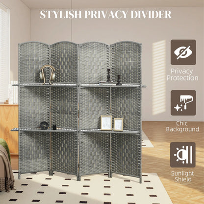 6 FT Privacy Screen, 4 Panel Room Divider With Shelves, Grey