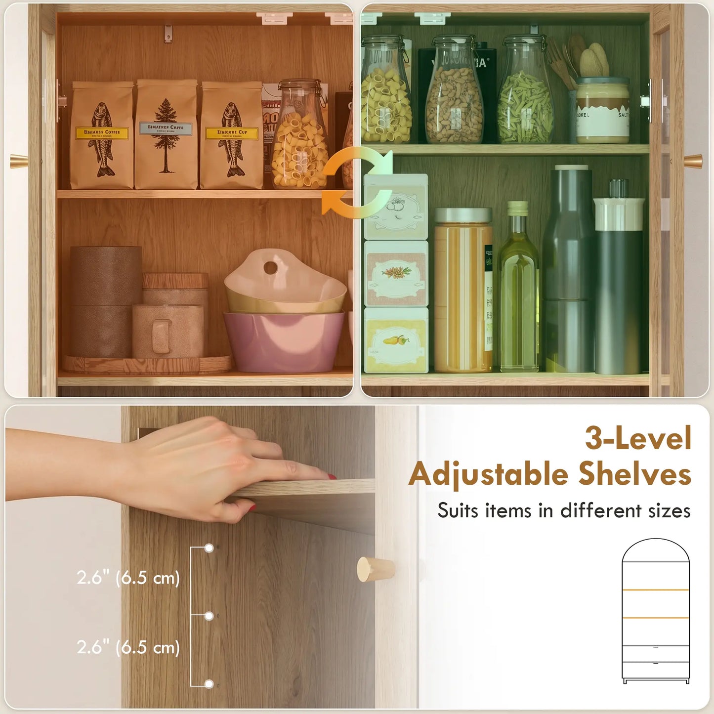 Arched Pantry Cabinet 71" Tall Oak, 2 Drawers, Oak