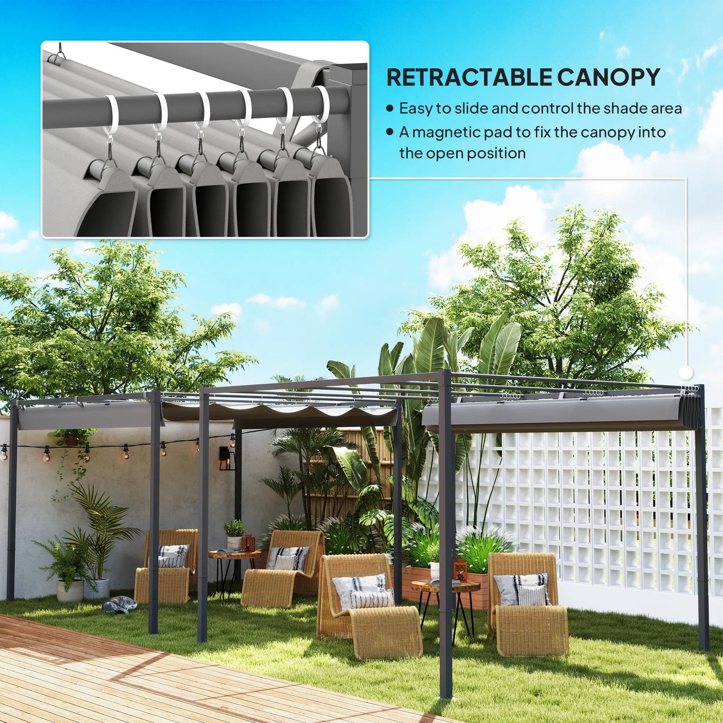 Gazebo extérieur gris 10' x 10', Toit de pergola rétractable, Kit métallique UPF30+, Gris
