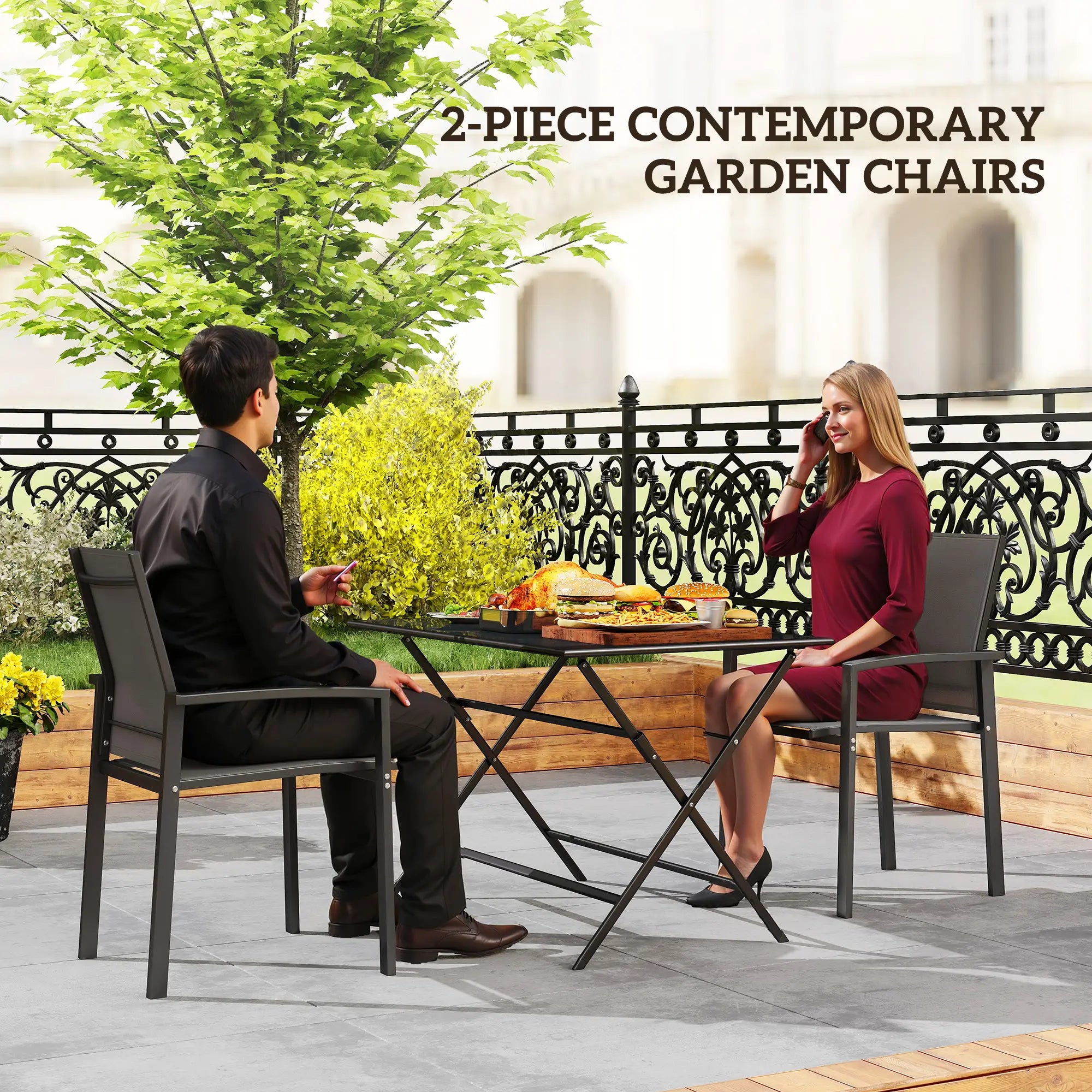 Stackable Outdoor Garden Chairs, Set of 2, Dark Grey Patio Chairs at Gallery Canada