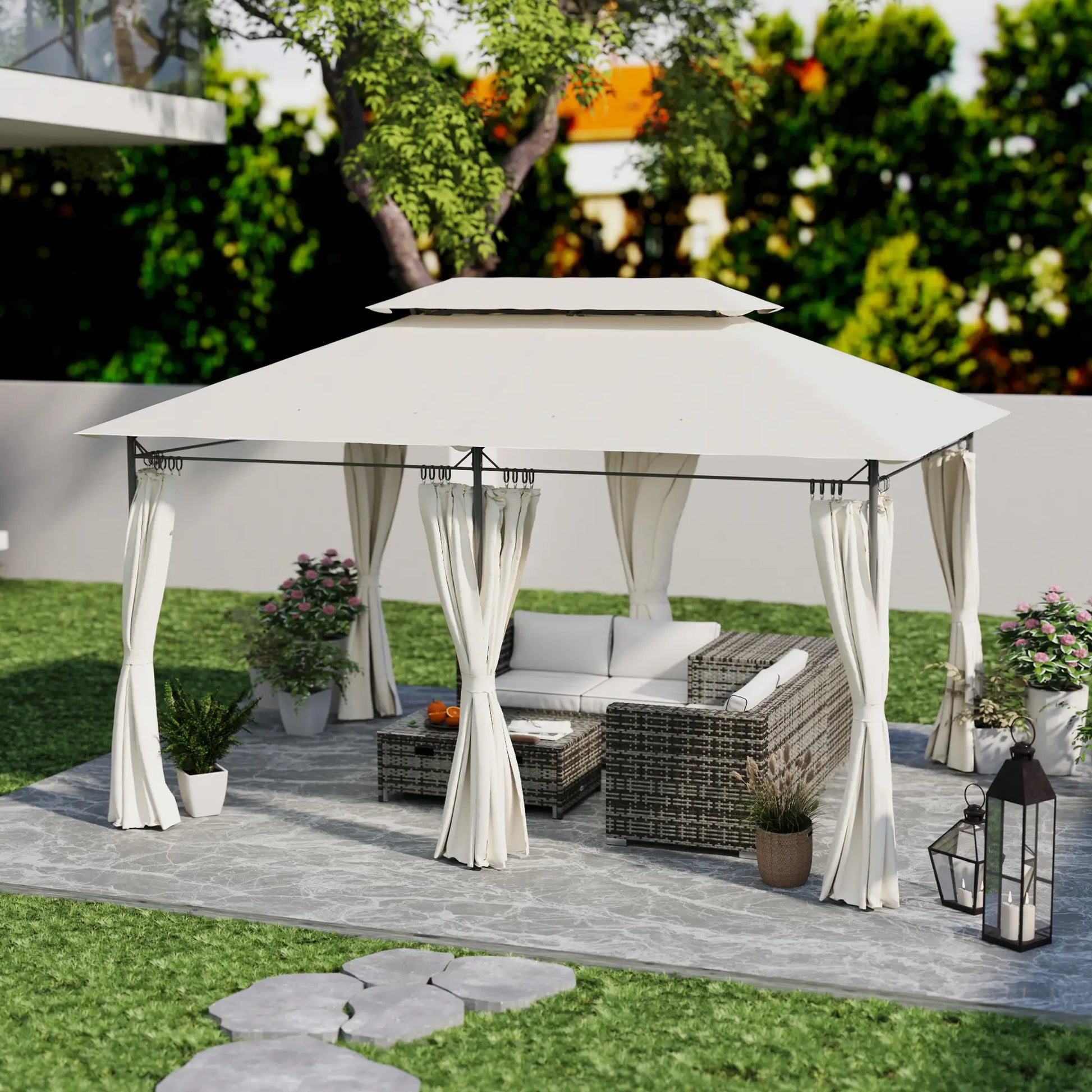 10' x 13' Double Roof Patio Gazebo, Outdoor with Curtains, Cream White Gazebos at Gallery Canada