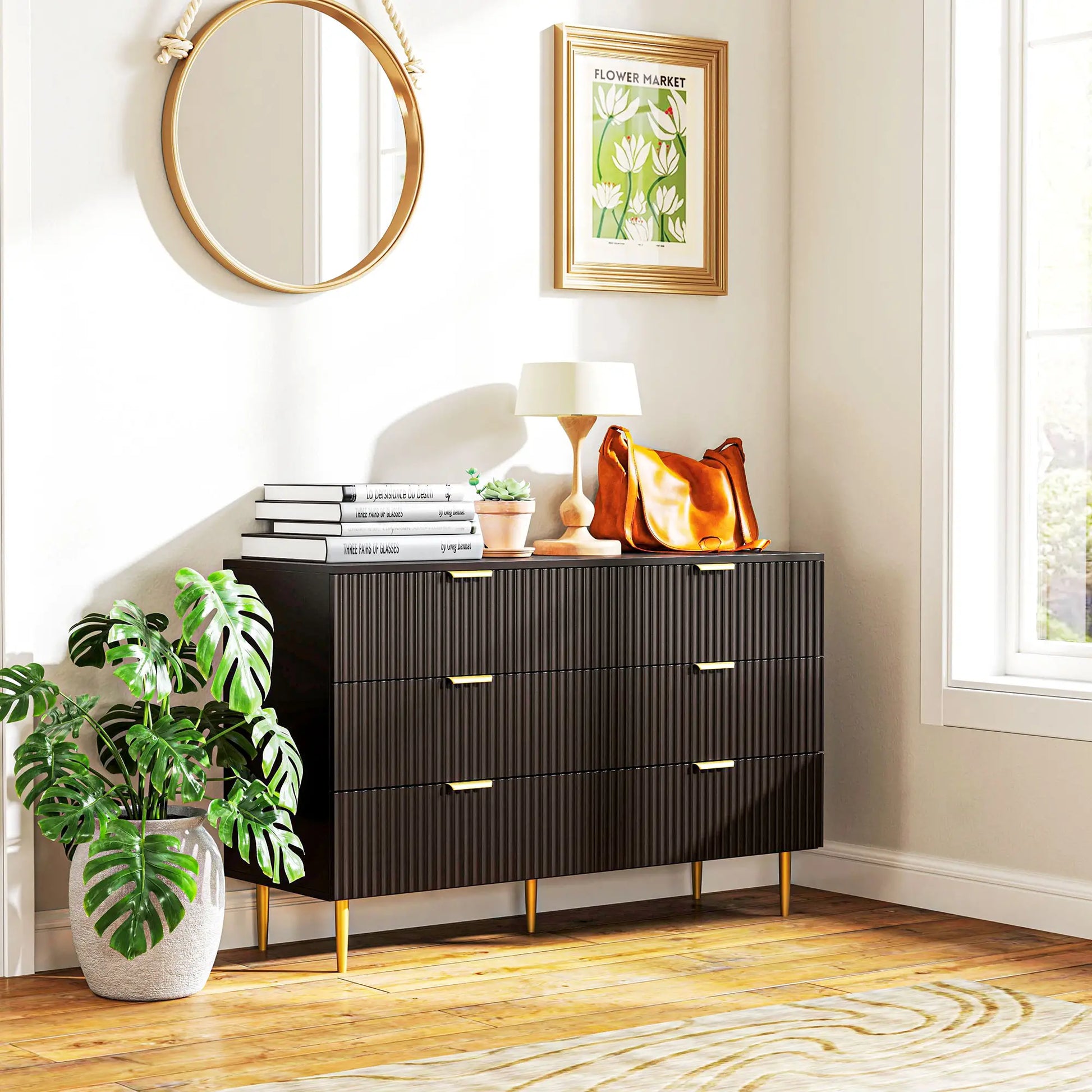 Modern 6 Drawer Dresser, with Gold Legs, Bedroom Chest, Black Storage Cabinets at Gallery Canada