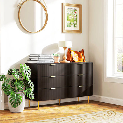 Modern 6 Drawer Dresser, with Gold Legs, Bedroom Chest, Black Storage Cabinets at Gallery Canada
