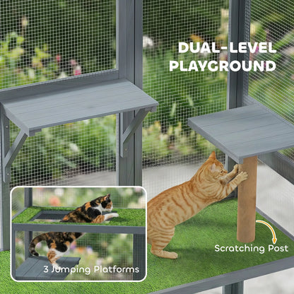 Wooden Catio, 77"H Cat House With Roof, Platforms, Scratching Post Outdoor Cat Enclosures at Gallery Canada