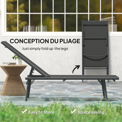 Folding Outdoor Lounge Chairs, 2 Pieces, Adjustable Back, Mesh Seat, Black