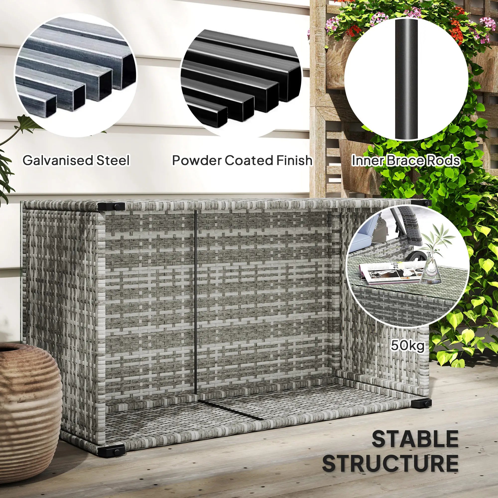 PE Wicker Outdoor Coffee Table, Rectangular Patio Table With Tempered Glass Top, Light Grey Patio Side Tables at Gallery Canada