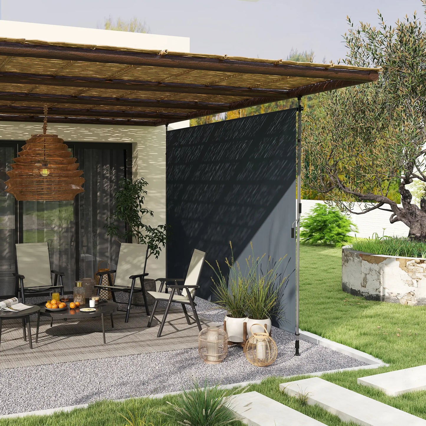 11.5' x 10' Manual Retractable Patio Awning, UPF30+ Water-Resistant, Dark Grey Patio Awnings at Gallery Canada