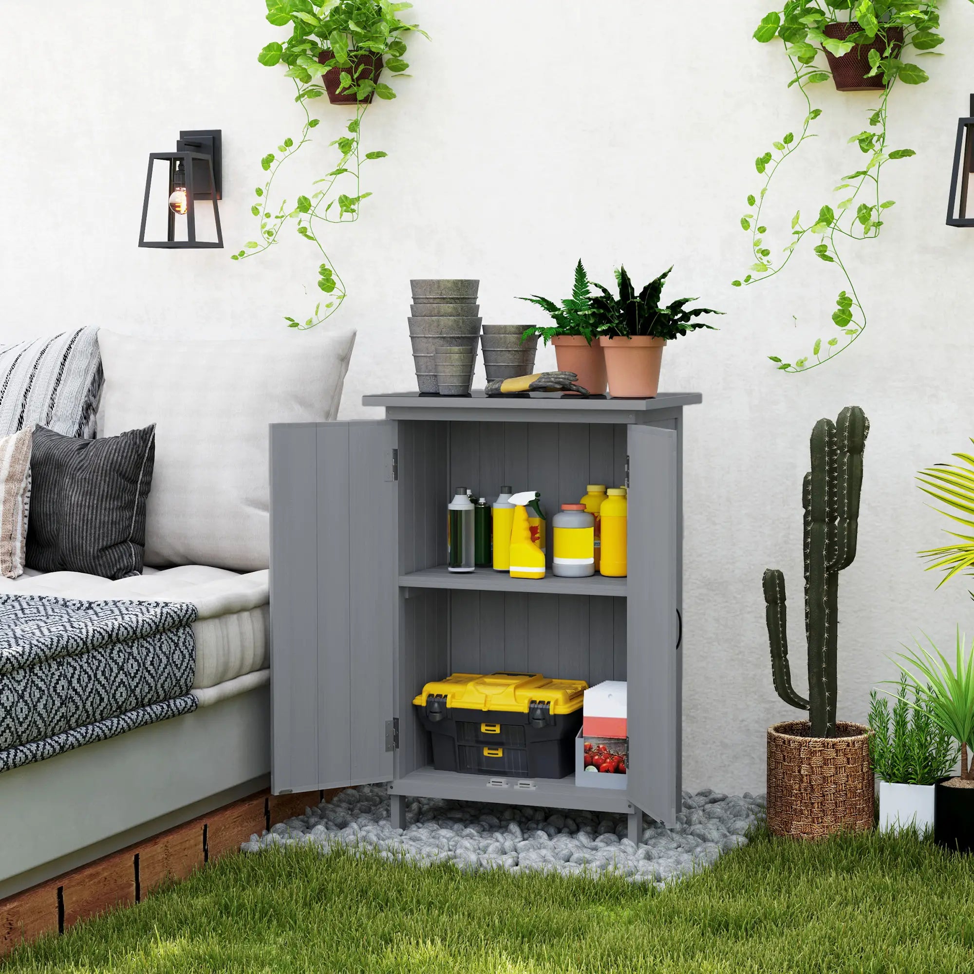 Outdoor Wooden Storage Cabinet, 2-Tier Shelves, Metal Tabletop, Grey Sheds at Gallery Canada