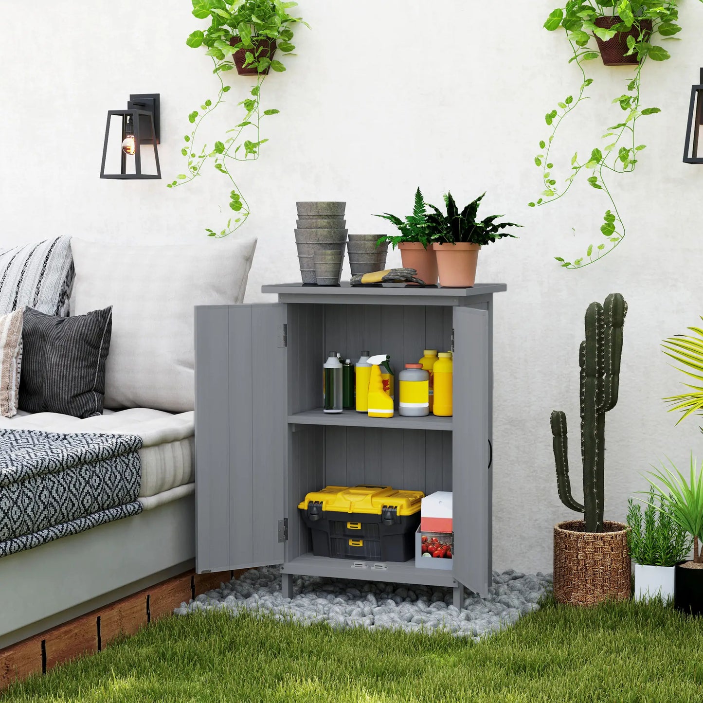Outdoor Wooden Storage Cabinet, 2-Tier Shelves, Metal Tabletop, Grey Sheds at Gallery Canada