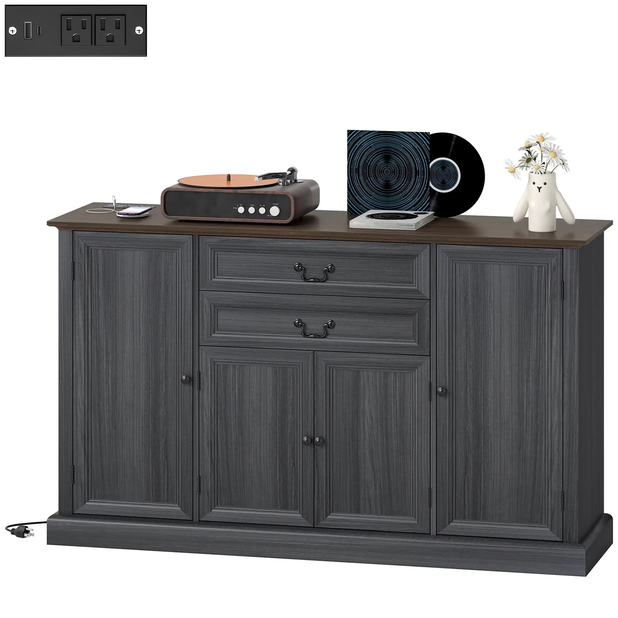 Farmhouse Sideboard with Charging Station, 58 Inch Buffet Cabinet, 2 Soft Close Drawers, Black Storage Cabinets Black Wood Grain, Brown Wood Grain at Gallery Canada