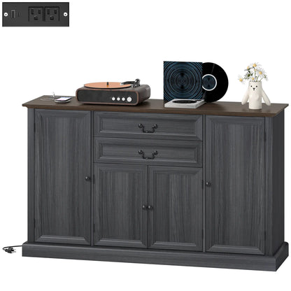 Farmhouse Sideboard with Charging Station, 58 Inch Buffet Cabinet, 2 Soft Close Drawers, Black Storage Cabinets Black Wood Grain, Brown Wood Grain at Gallery Canada
