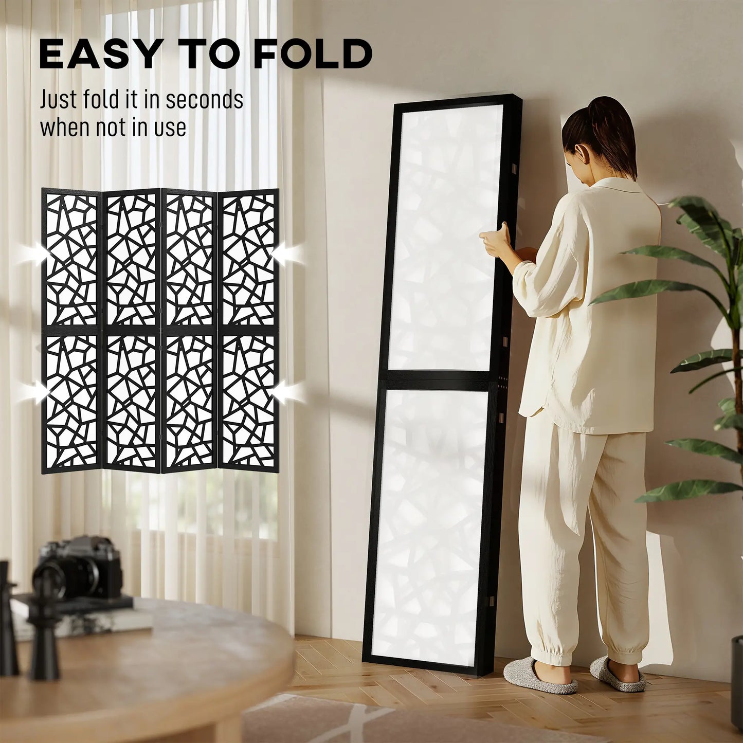 4 Panel Room Divider, 5.6 FT, Geometric Pattern Privacy Screen, Black