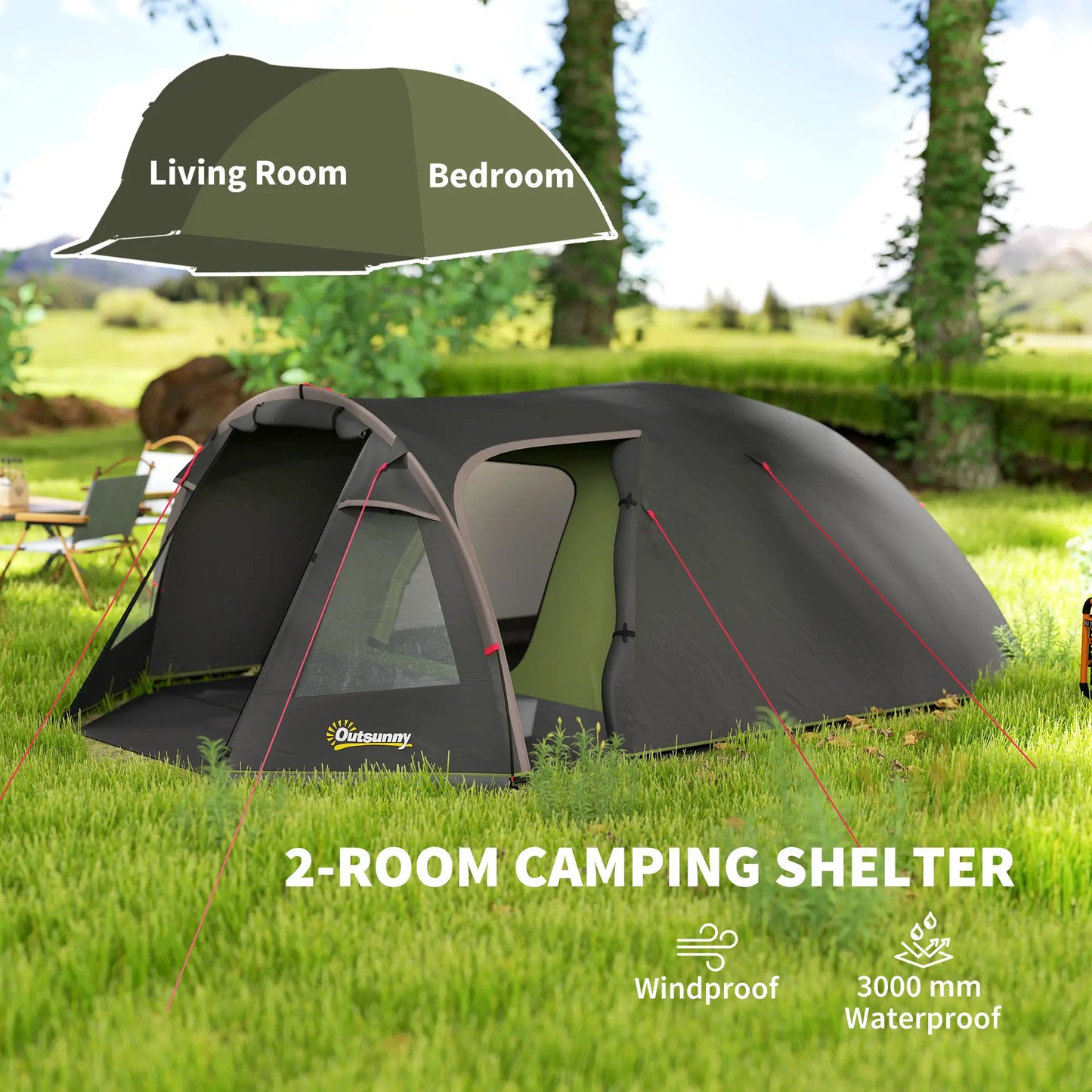 2-4 Man Camping Tent, 3000mm Waterproof, 2 Rooms, Sewn-in Groundsheet, 3 Doors Camping Tents at Gallery Canada
