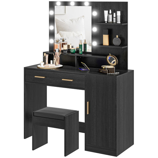 Illuminated Dressing Table Set, LED Vanity Table Set with Stool, LED Mirror, Drawer and Cabinet Shelves for Bedroom - Gallery Canada
