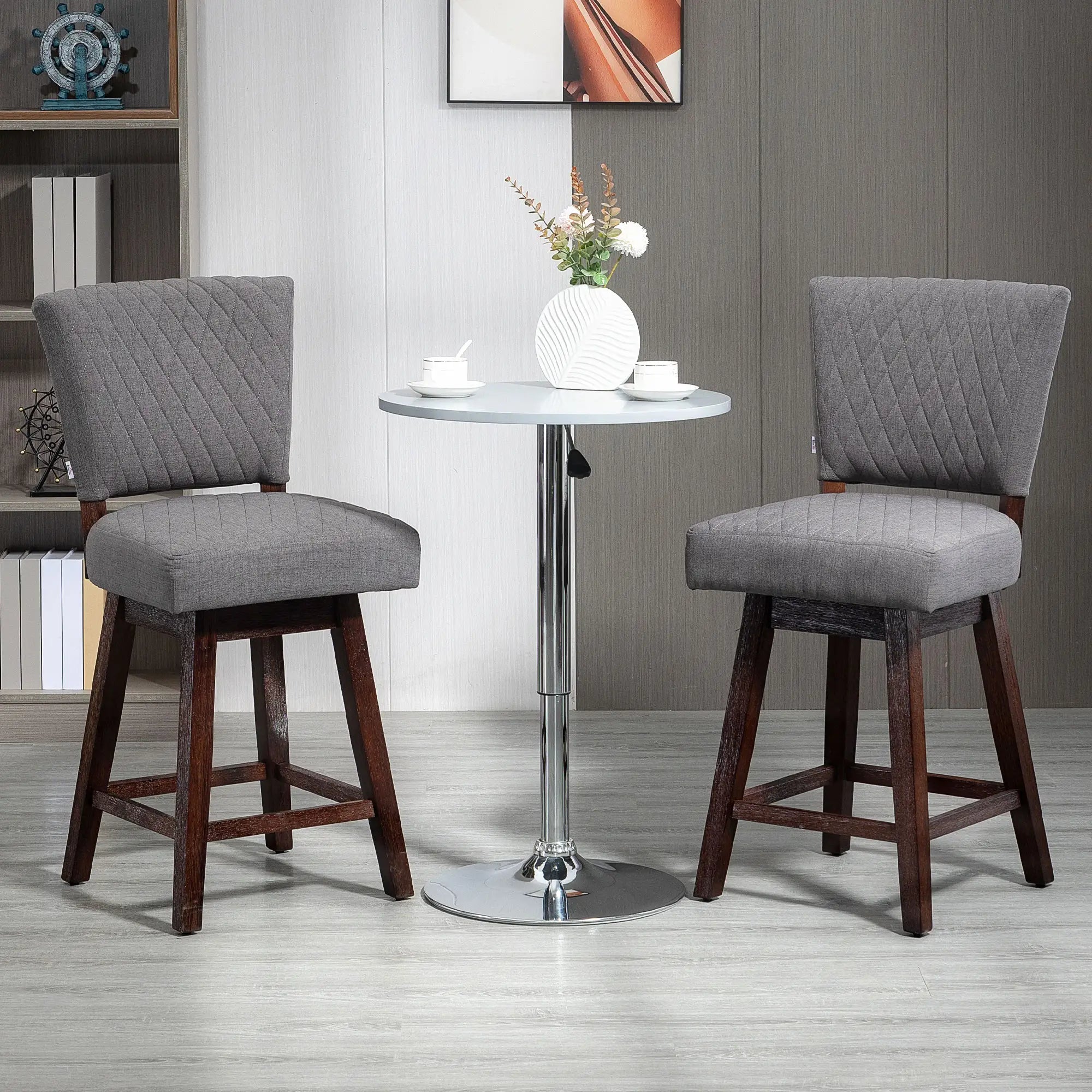 2 Swivel Bar Stools, Counter Height, Wood Legs, Footrests, Dark Grey Bar Stools at Gallery Canada