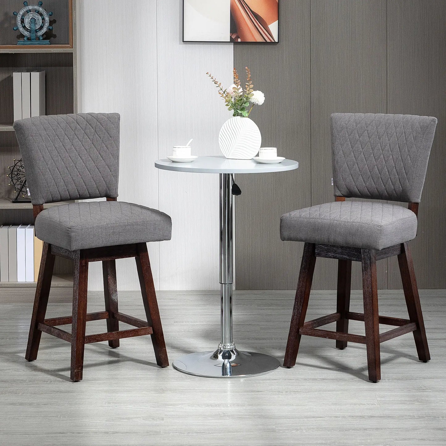 2 Swivel Bar Stools, Counter Height, Wood Legs, Footrests, Dark Grey Bar Stools at Gallery Canada