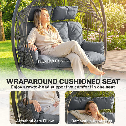 Hanging Double Egg Chair with Canopy, Cushion, Stand, Dark Grey