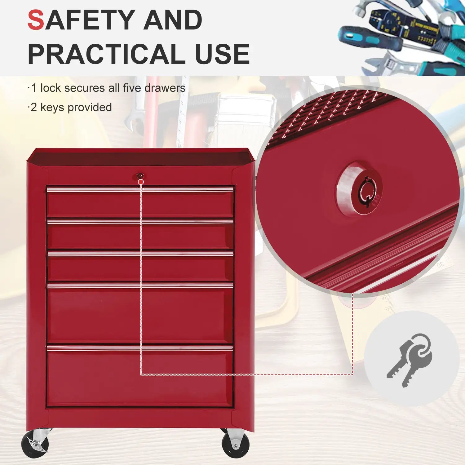 5-Drawer Rolling Tool Cabinet, Lockable Tool Chest, Red Tool Organizers at Gallery Canada