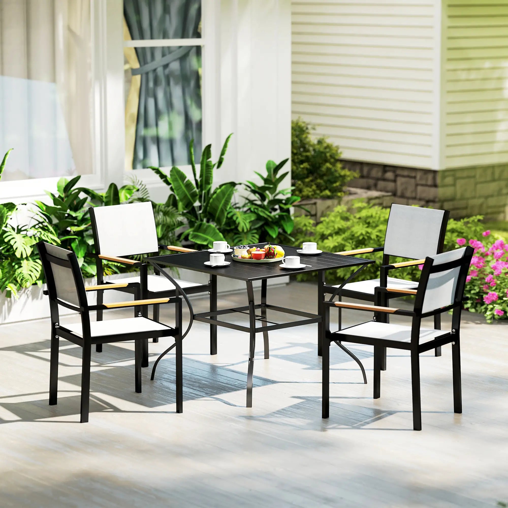 Outdoor Dining Table for Four, Square Garden Table with Slatted Metal Top, Black Patio Dinning Tables at Gallery Canada
