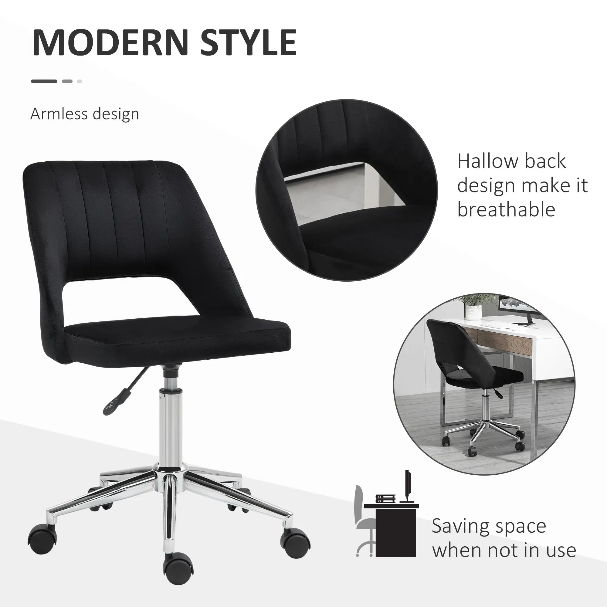 Mid Back Office Chair, Velvet Fabric, Swivel, Scallop Shape, Black Office Chairs at Gallery Canada