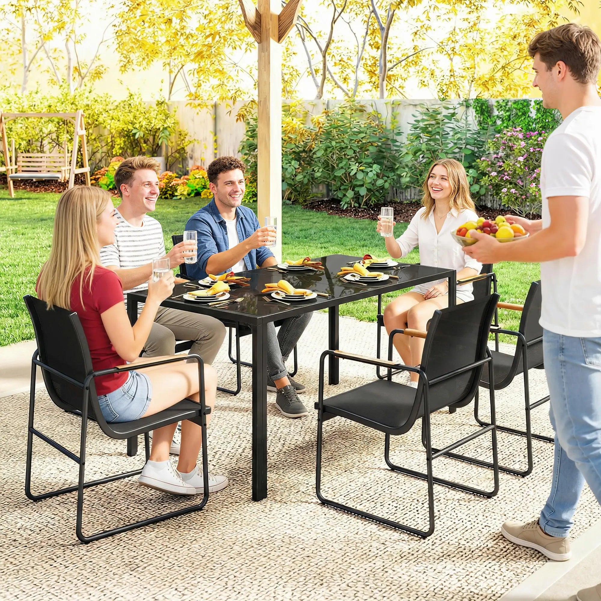 7 Piece Outdoor Dining Set, Glass Patio Table And Chairs, Black Outdoor Dining Sets at Gallery Canada