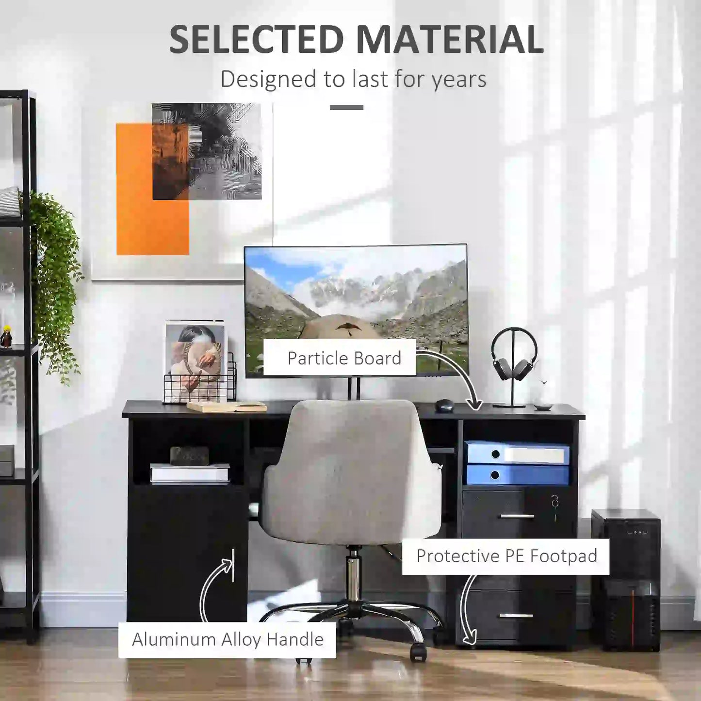 57 Computer Desk With Drawers, Keyboard Tray, Open Shelves, Black Computer Desks at Gallery Canada