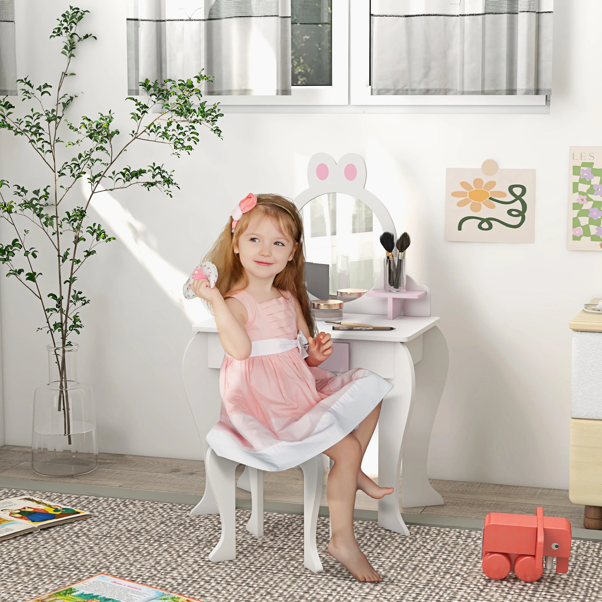 Kids Makeup Vanity Set with Stool, Mirror, Drawer, White Toy Vanity at Gallery Canada