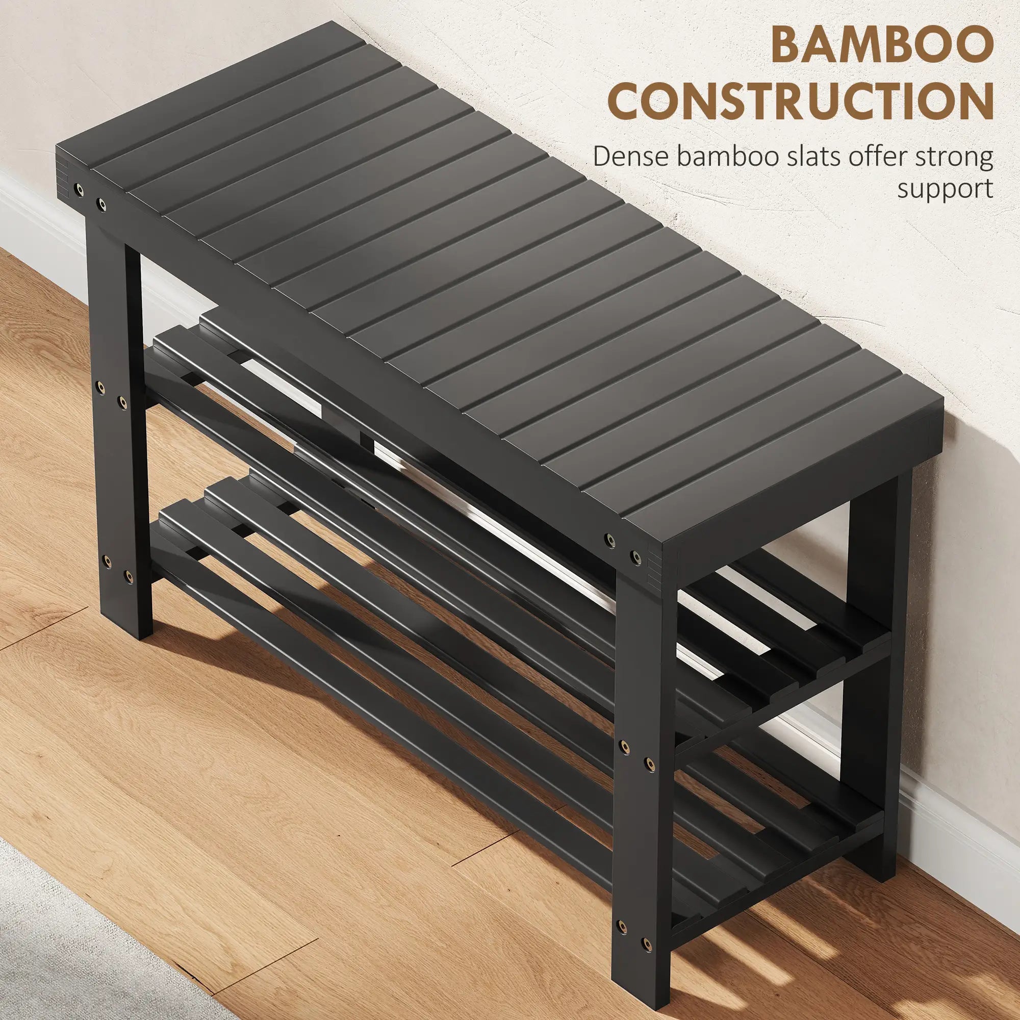 Bamboo Shoe Storage Bench, 3-Tier, 2 Shelves, Holds 6 Pairs, Black Shoe Storage Cabinets & Racks at Gallery Canada