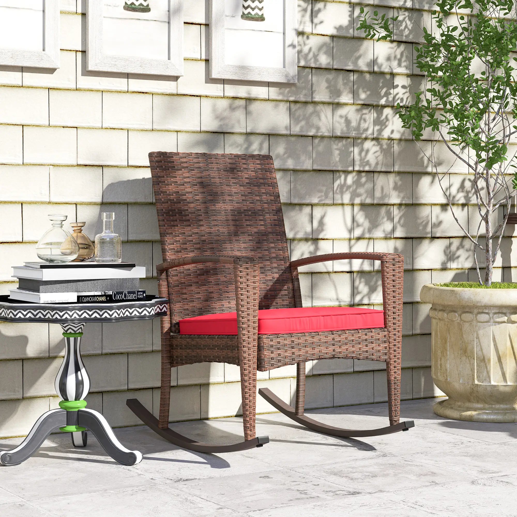 Outdoor PE Rattan Rocking Chair, Garden Glider, Wine Red Outdoor Rocking Chairs at Gallery Canada