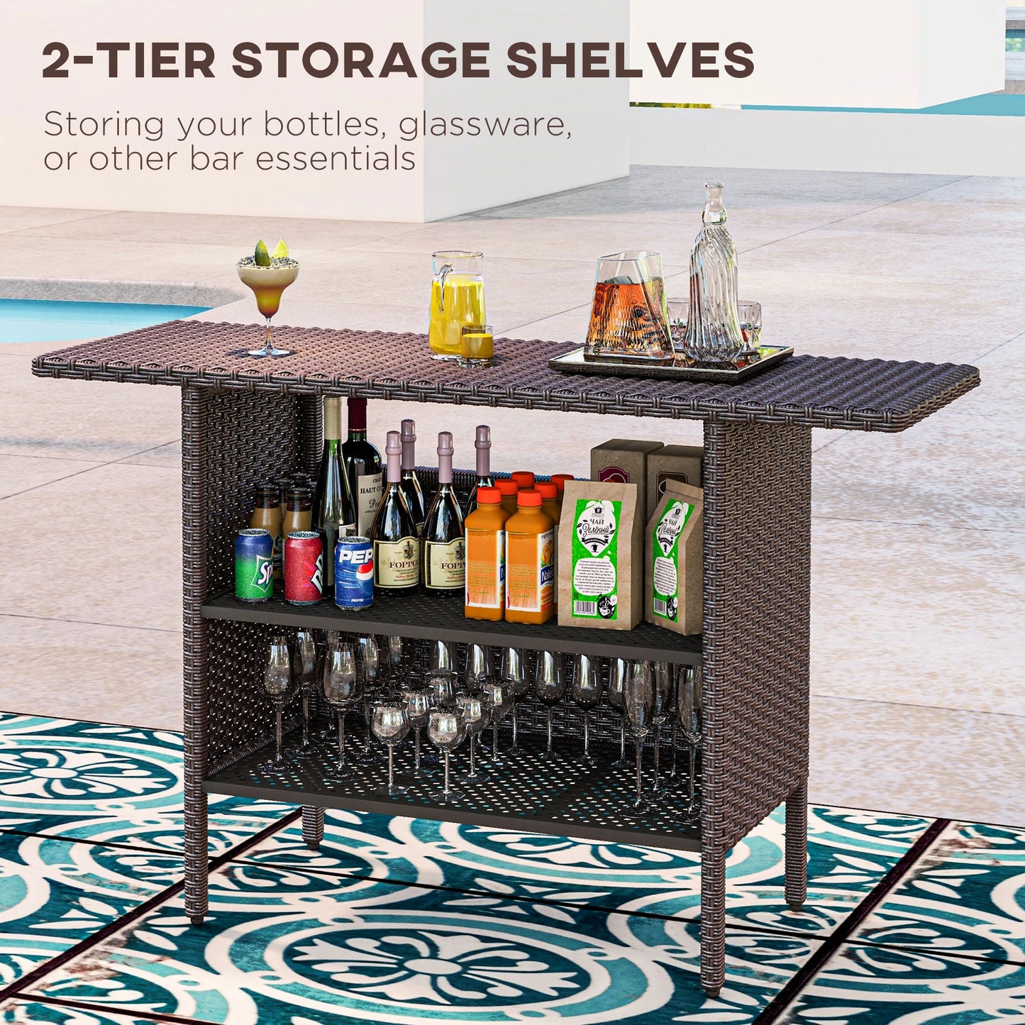 Outdoor Rattan Bar Table, 55.1" x 18.5" x 37", 2 Storage Shelves, Brown Bistro Sets at Gallery Canada