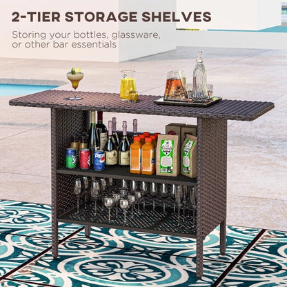Outdoor Rattan Bar Table, 55.1" x 18.5" x 37", 2 Storage Shelves, Brown Bistro Sets at Gallery Canada