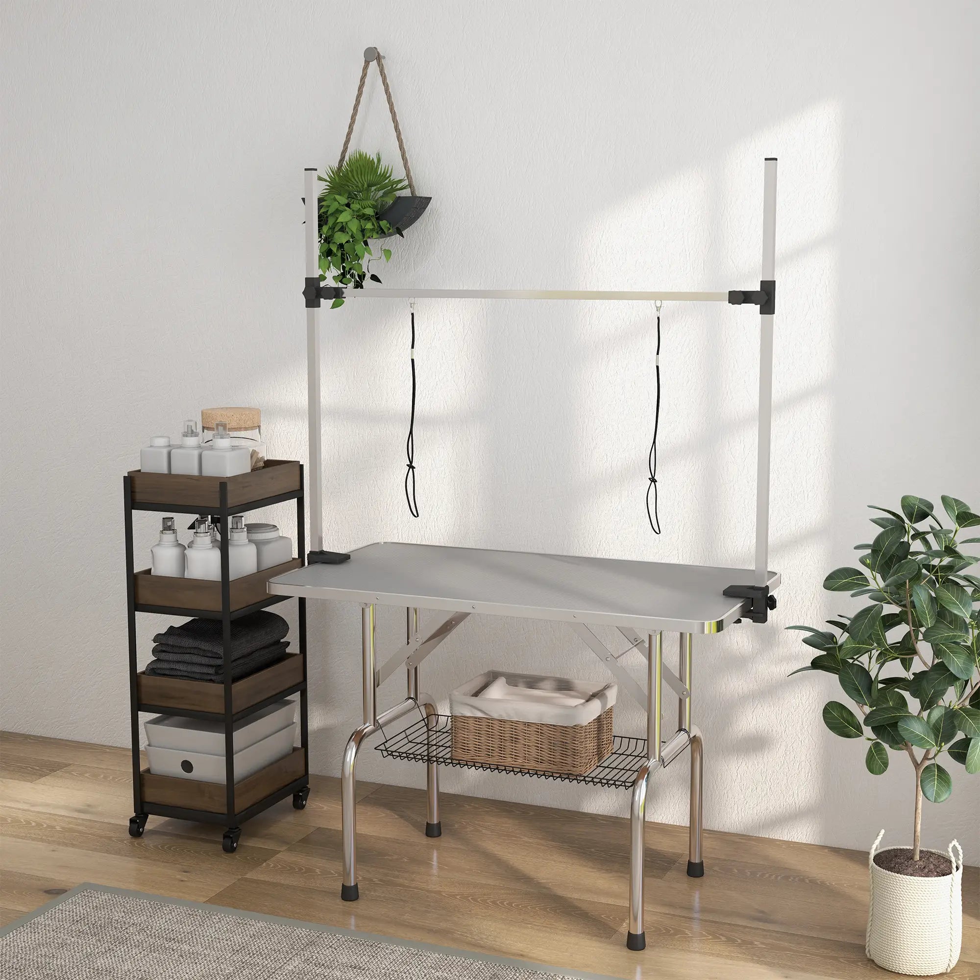 Adjustable Dog Grooming Table, 2 Safety Slings, Storage Basket, Grey Dog Grooming Tables at Gallery Canada