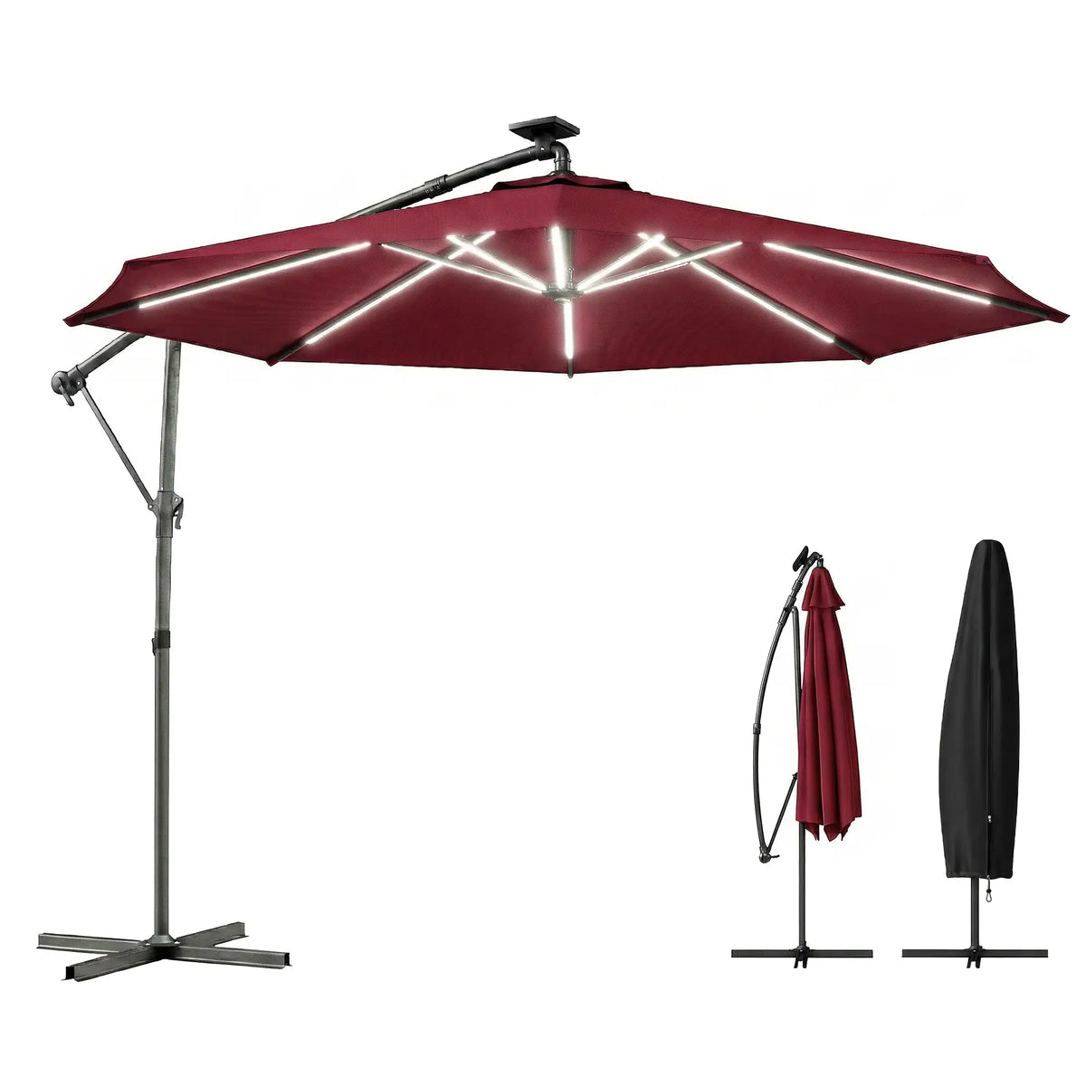 10 ft Offset Patio Umbrella, Solar Light, 360° Rotation, Tilt, Wine Red Offset Cantilever Umbrellas Wine Red at Gallery Canada