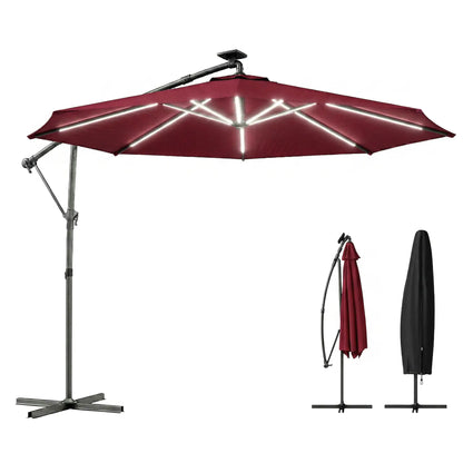 10 ft Offset Patio Umbrella, Solar Light, 360° Rotation, Tilt, Wine Red Offset Cantilever Umbrellas Wine Red at Gallery Canada