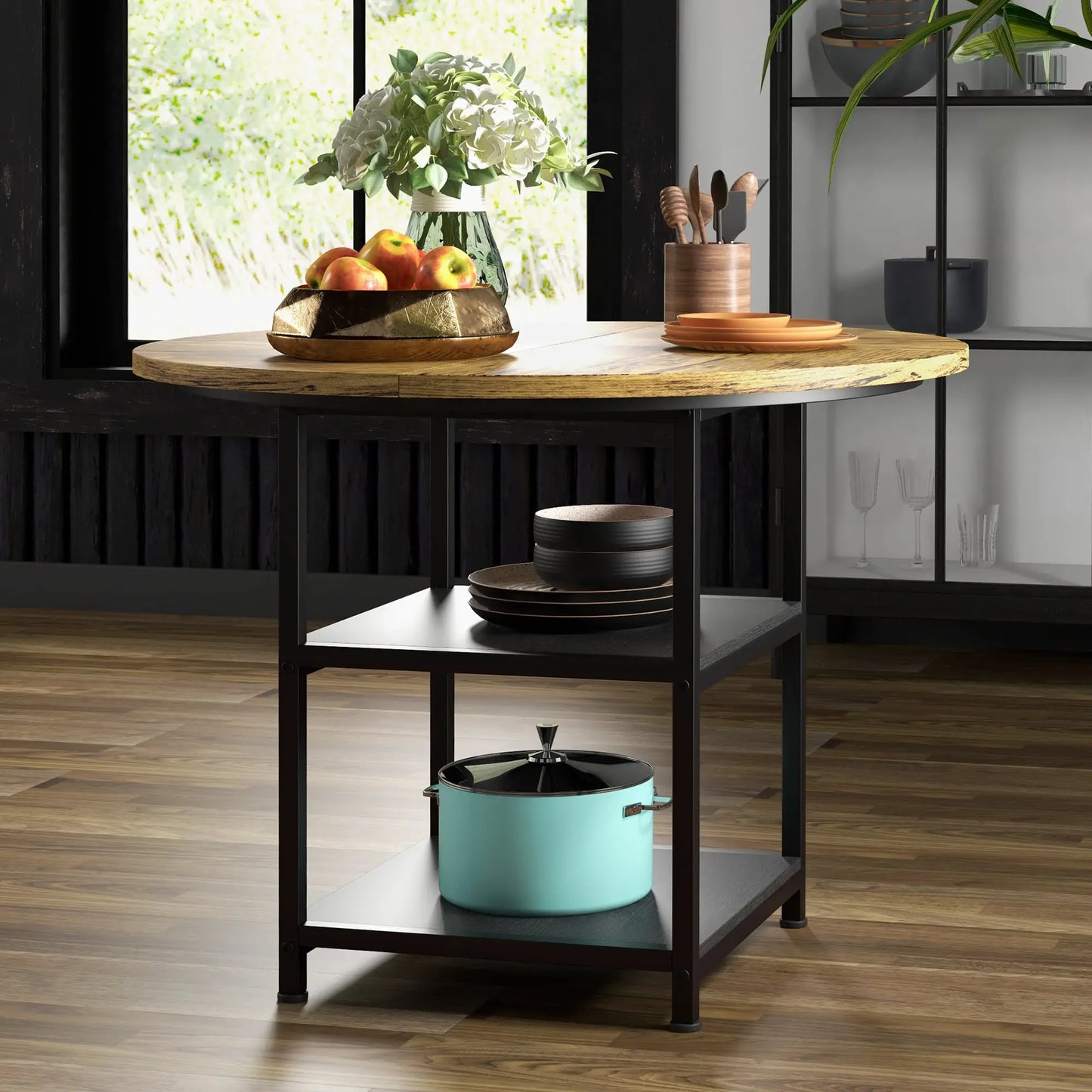 Round Kitchen Table, 39.4 Inch, Storage Shelves, Rustic Brown Bar Tables & Dining Tables at Gallery Canada