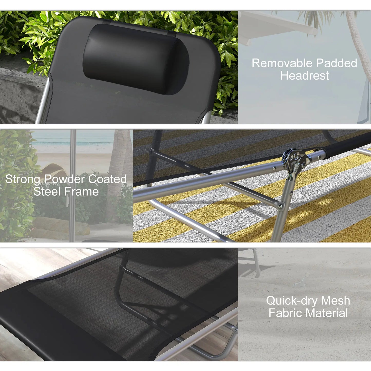 Folding Outdoor Lounge Chair Set, 2 Reclining Tanning Chairs, 5-Position Adjustable Backrest, Black Lounger Chairs at Gallery Canada