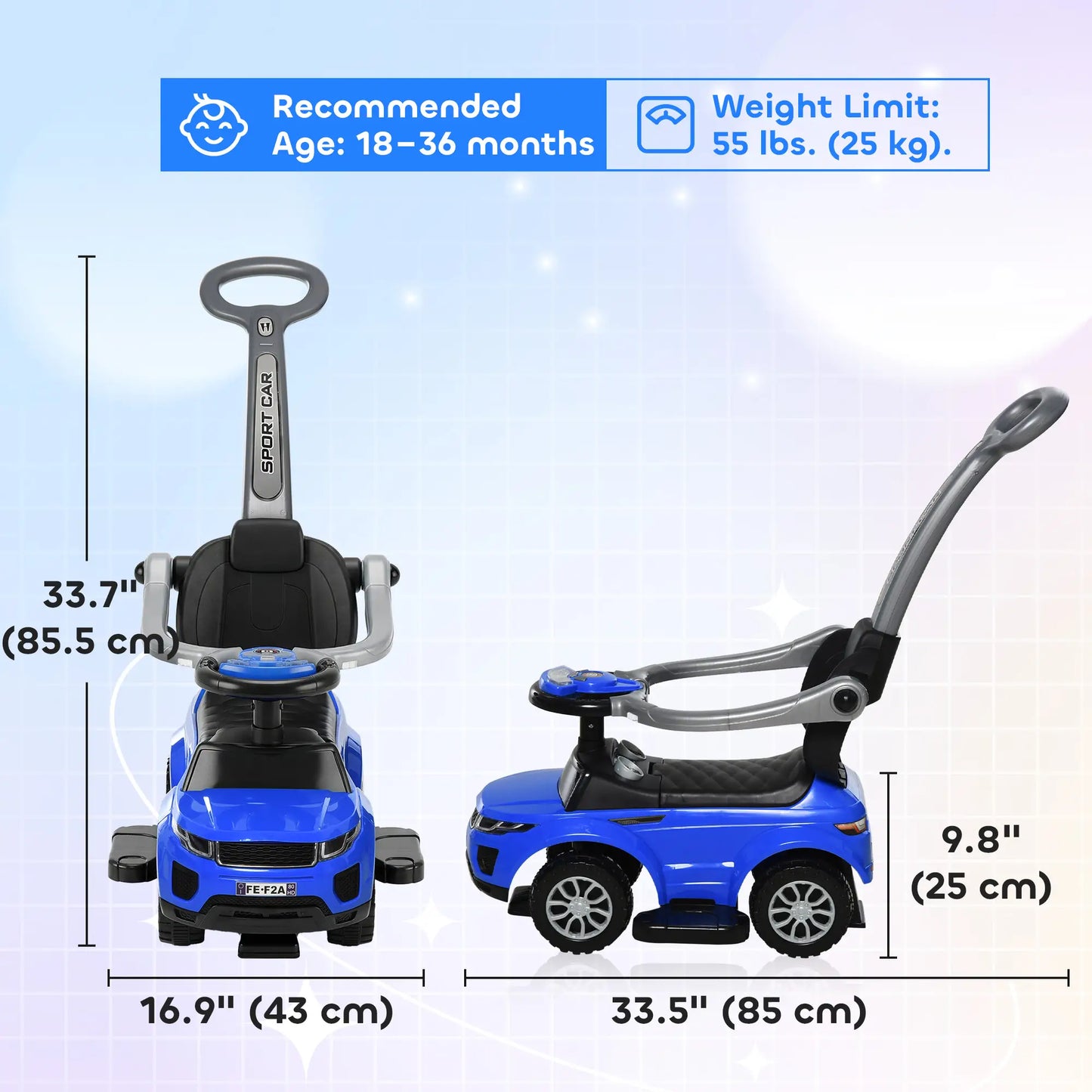 2 en 1 Poussette Voiture à Pousser pour Enfant, Voiture à Glissière avec Klaxon, Musique, Lumière, Barre de Sécurité, Bleu