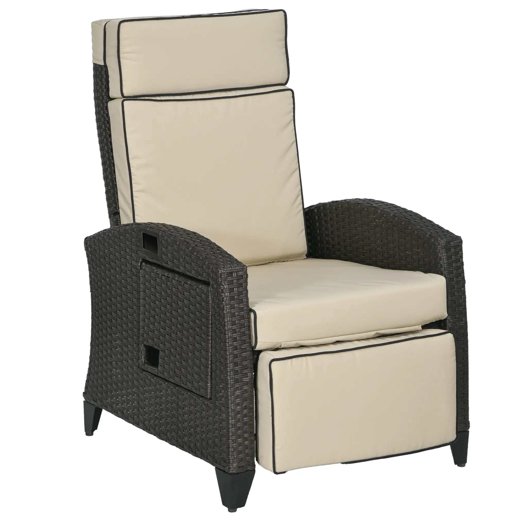 Outdoor Recliner Chair, Adjustable Backrest, Cushion, Side Tray, Khaki Chaise Loungers Khaki, Brown at Gallery Canada