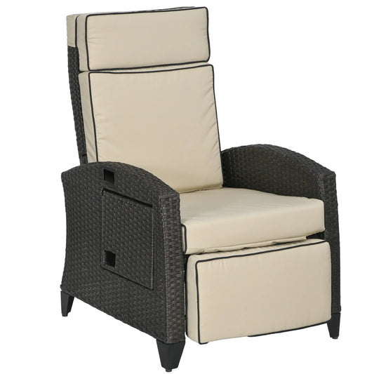 Outdoor Recliner Chair, Adjustable Backrest, Cushion, Side Tray, Khaki Chaise Loungers Khaki, Brown at Gallery Canada