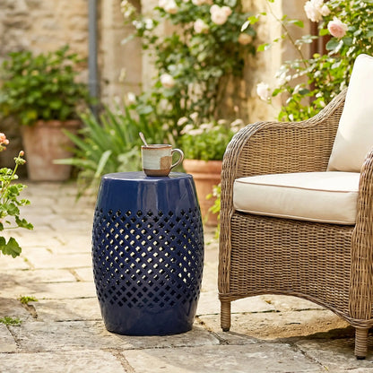 12" Steel Round Hollow Drum Side Table, Navy Blue Patio Side Tables at Gallery Canada