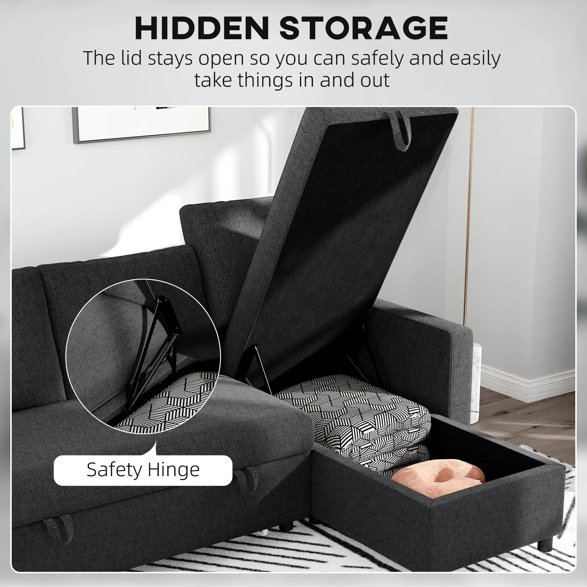 Convertible Corner Sofa Bed, Built-In Storage, 3 Removable Cushions, Black Sofas & Reclining Chairs at Gallery Canada